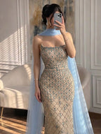 Arabic Luxury Blue Diamonds Mermaid Evening Dress WIth Cape Women Wedding Party Gown CLA73226