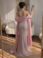 Arabic Luxury Blue Diamonds Mermaid Evening Dress WIth Cape Women Wedding Party Gown CLA73226