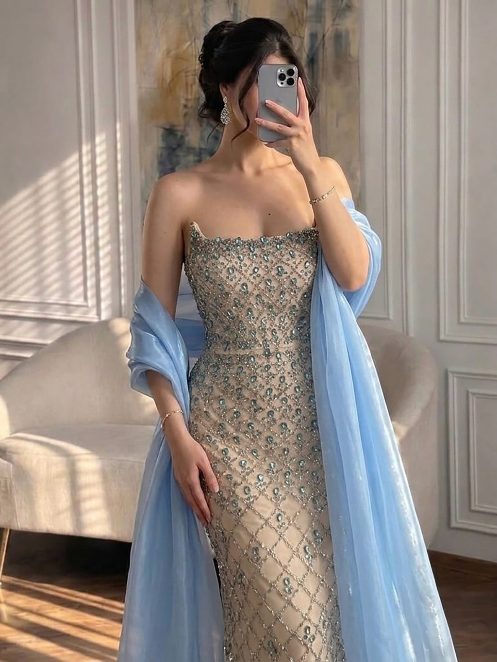 Arabic Luxury Blue Diamonds Mermaid Evening Dress WIth Cape Women Wedding Party Gown CLA73226