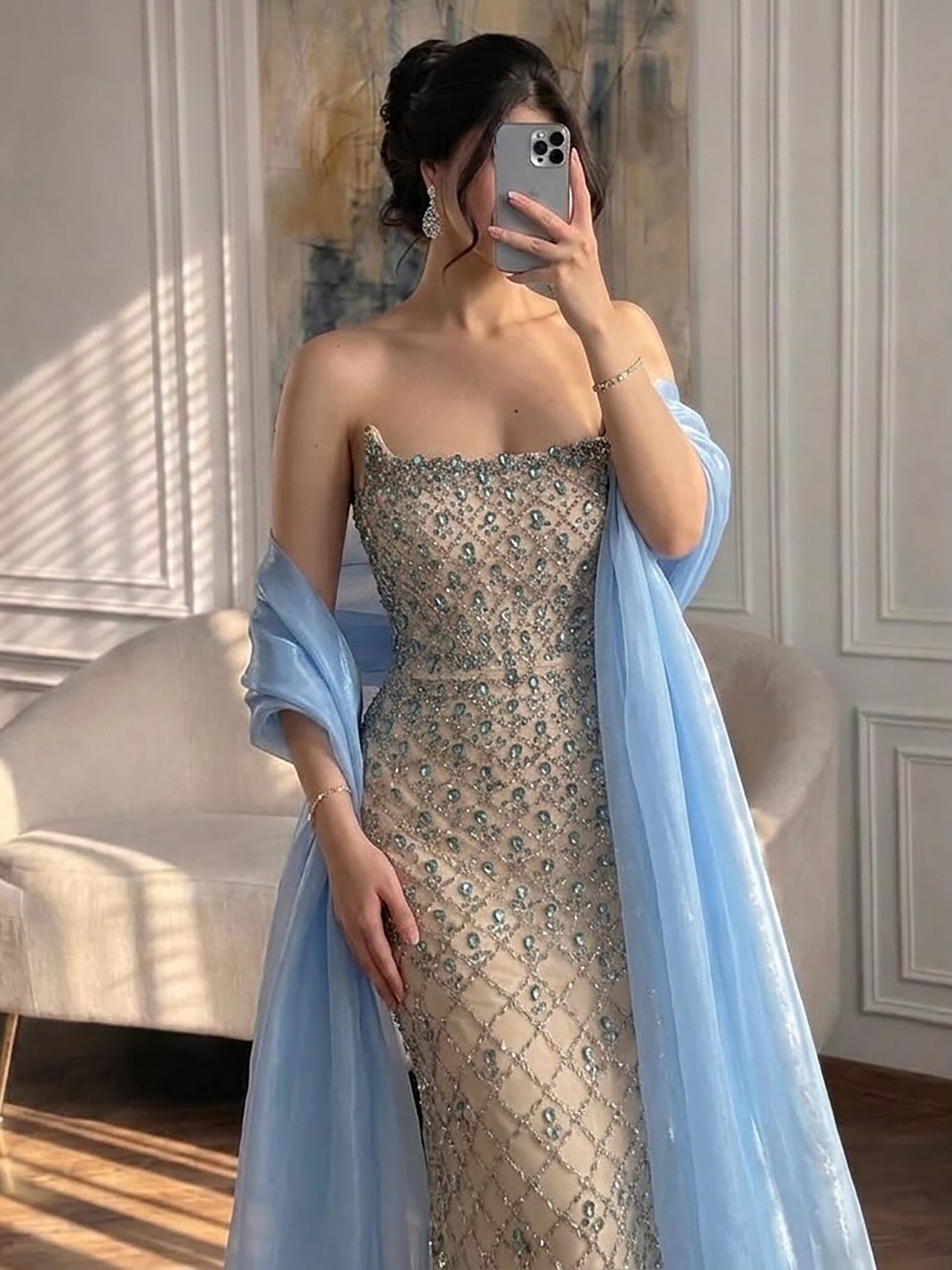 Arabic Luxury Blue Diamonds Mermaid Evening Dress WIth Cape Women Wedding Party Gown CLA73226