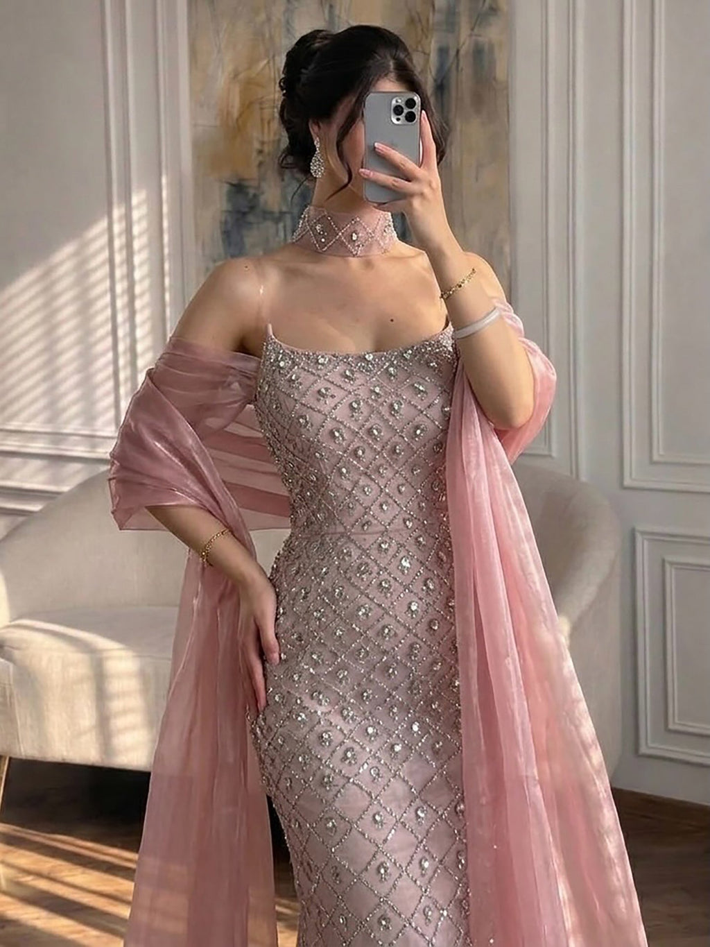 Arabic Luxury Blue Diamonds Mermaid Evening Dress WIth Cape Women Wedding Party Gown CLA73226