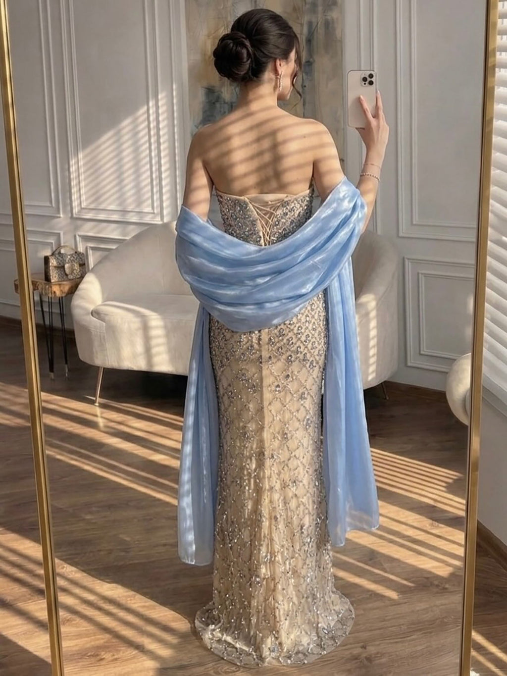 Arabic Luxury Blue Diamonds Mermaid Evening Dress WIth Cape Women Wedding Party Gown CLA73226