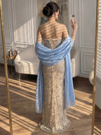 Arabic Luxury Blue Diamonds Mermaid Evening Dress WIth Cape Women Wedding Party Gown CLA73226