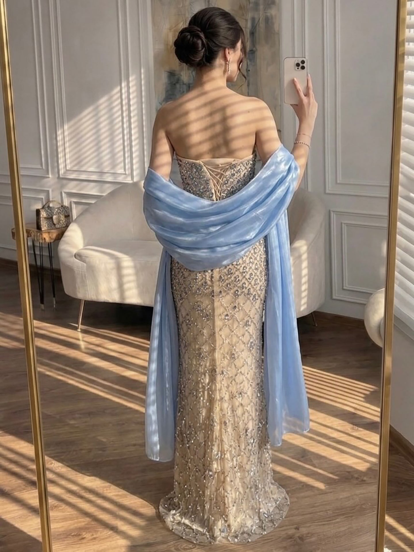 Arabic Luxury Blue Diamonds Mermaid Evening Dress WIth Cape Women Wedding Party Gown CLA73226