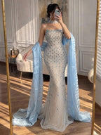 Arabic Luxury Blue Diamonds Mermaid Evening Dress WIth Cape Women Wedding Party Gown CLA73226