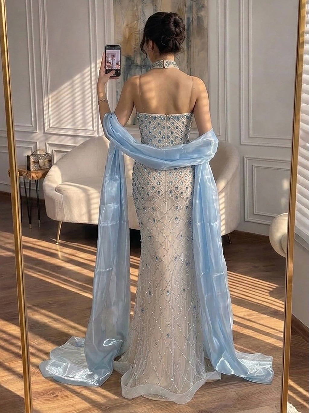 Arabic Luxury Blue Diamonds Mermaid Evening Dress WIth Cape Women Wedding Party Gown CLA73226
