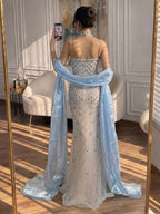 Arabic Luxury Blue Diamonds Mermaid Evening Dress WIth Cape Women Wedding Party Gown CLA73226