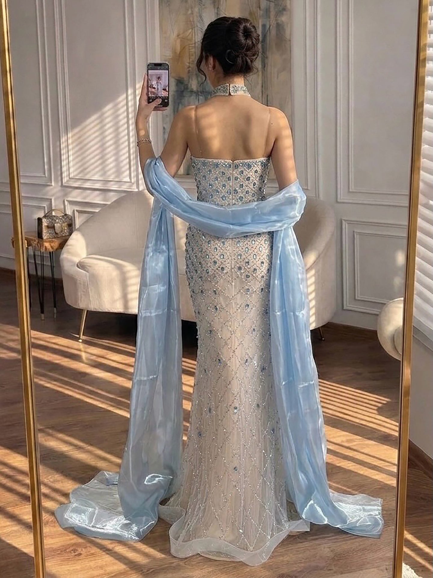 Arabic Luxury Blue Diamonds Mermaid Evening Dress WIth Cape Women Wedding Party Gown CLA73226