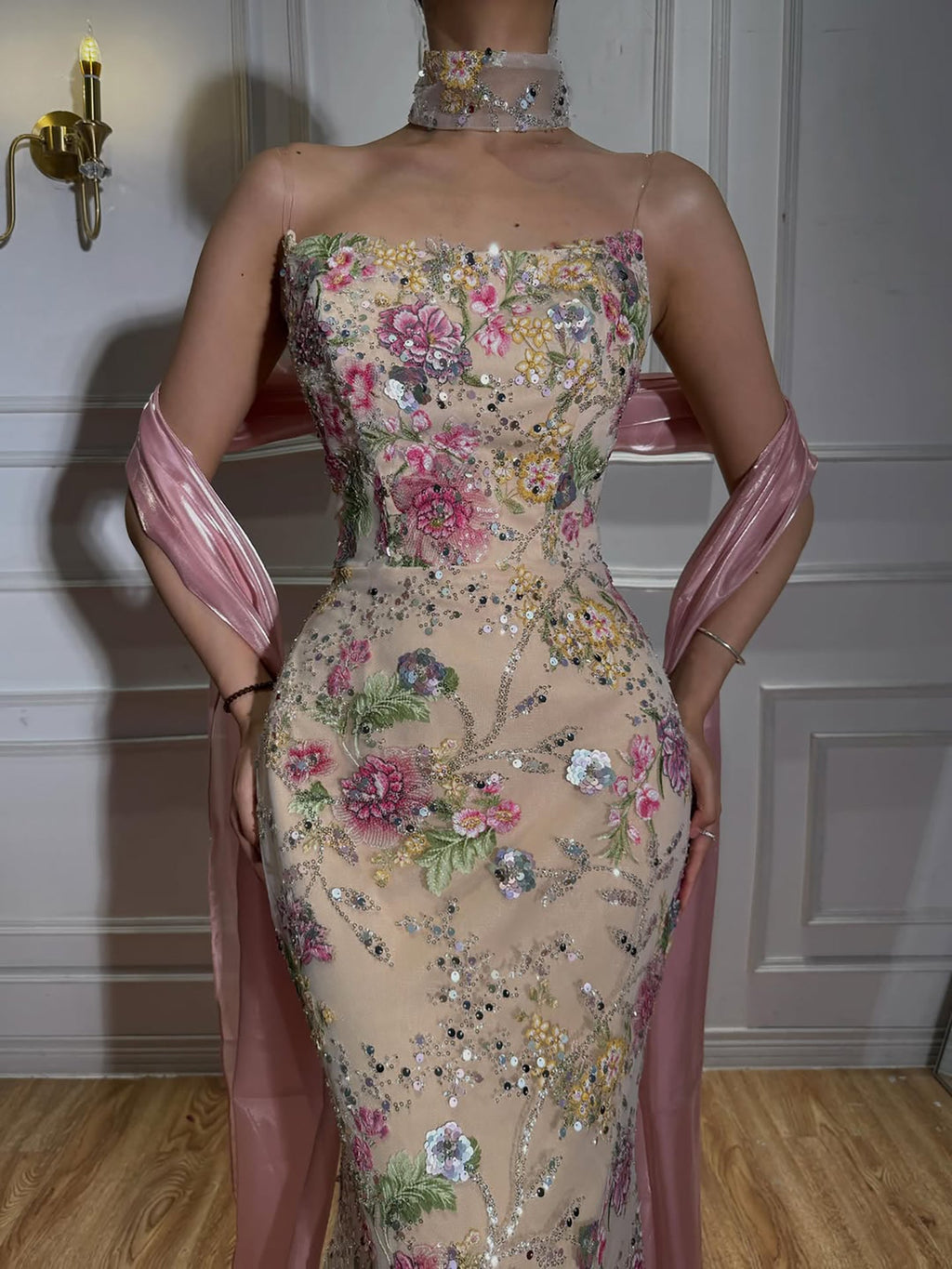 Luxury Pink Floral Beaded Mermaid Gown with Shawl LA73226B