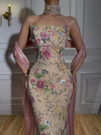 Luxury Pink Floral Beaded Mermaid Gown with Shawl LA73226B