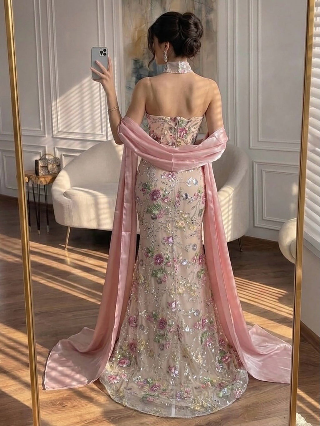 Luxury Pink Floral Beaded Mermaid Gown with Shawl LA73226B