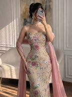 Luxury Pink Floral Beaded Mermaid Gown with Shawl LA73226B