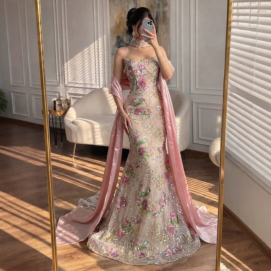 Luxury Pink Floral Beaded Mermaid Gown with Shawl LA73226B