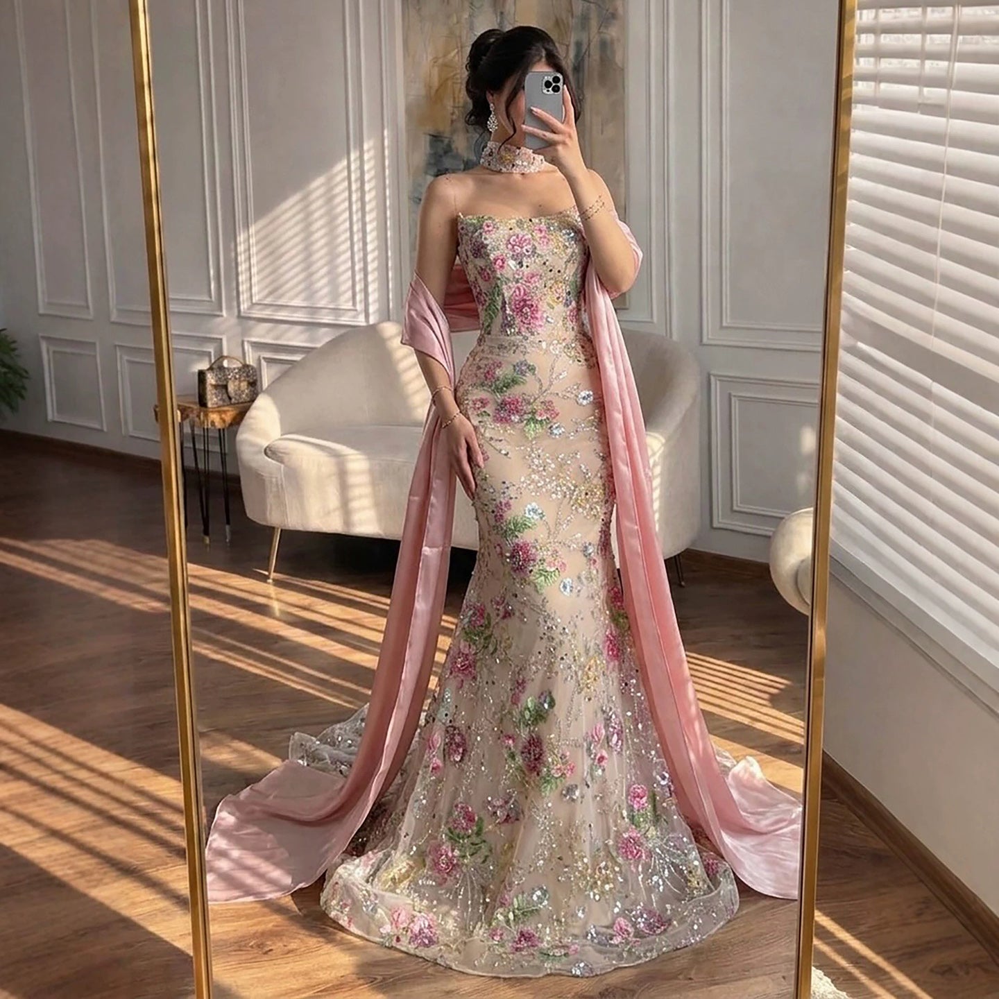 Luxury Pink Floral Beaded Mermaid Gown with Shawl LA73226B