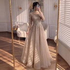 Luxury Nude Long Sleeve Illusion Beaded A-Line Evening Dress CLA73269A