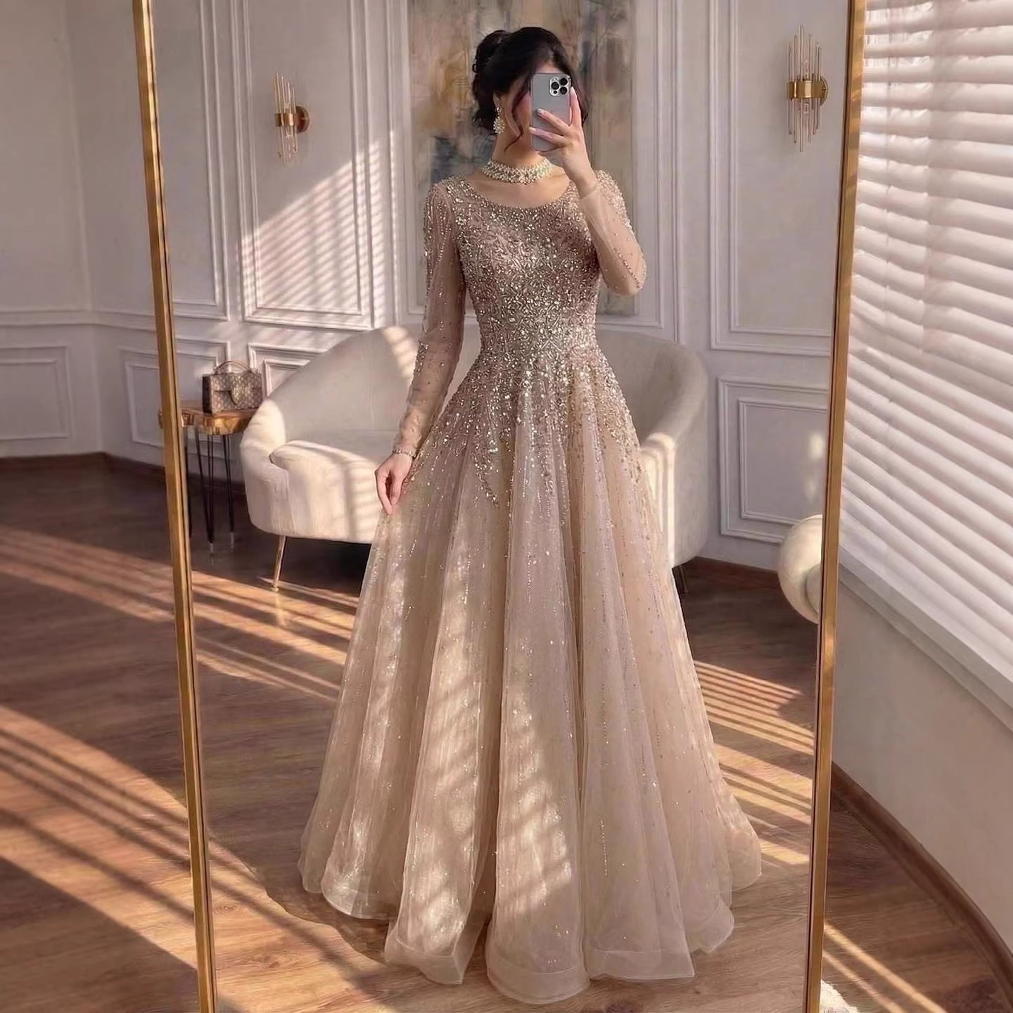 Luxury Nude Long Sleeve Illusion Beaded A-Line Evening Dress CLA73269A