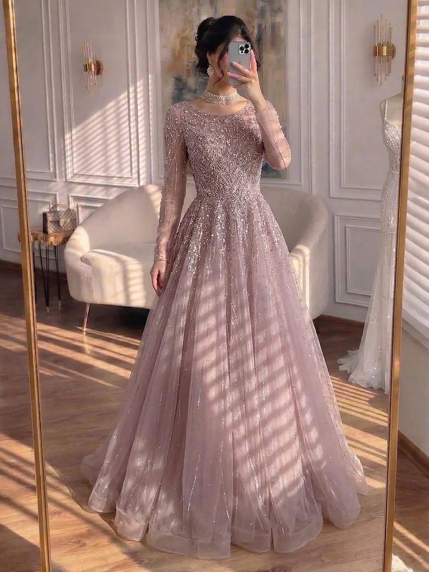 Luxury Nude Long Sleeve Illusion Beaded A-Line Evening Dress CLA73269A