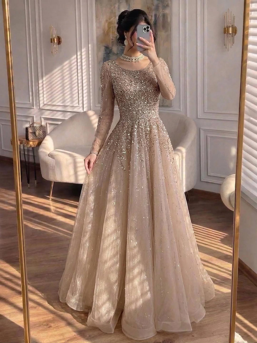 Luxury Nude Long Sleeve Illusion Beaded A-Line Evening Dress CLA73269A