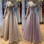 Luxury Nude Long Sleeve Illusion Beaded A-Line Evening Dress CLA73269A