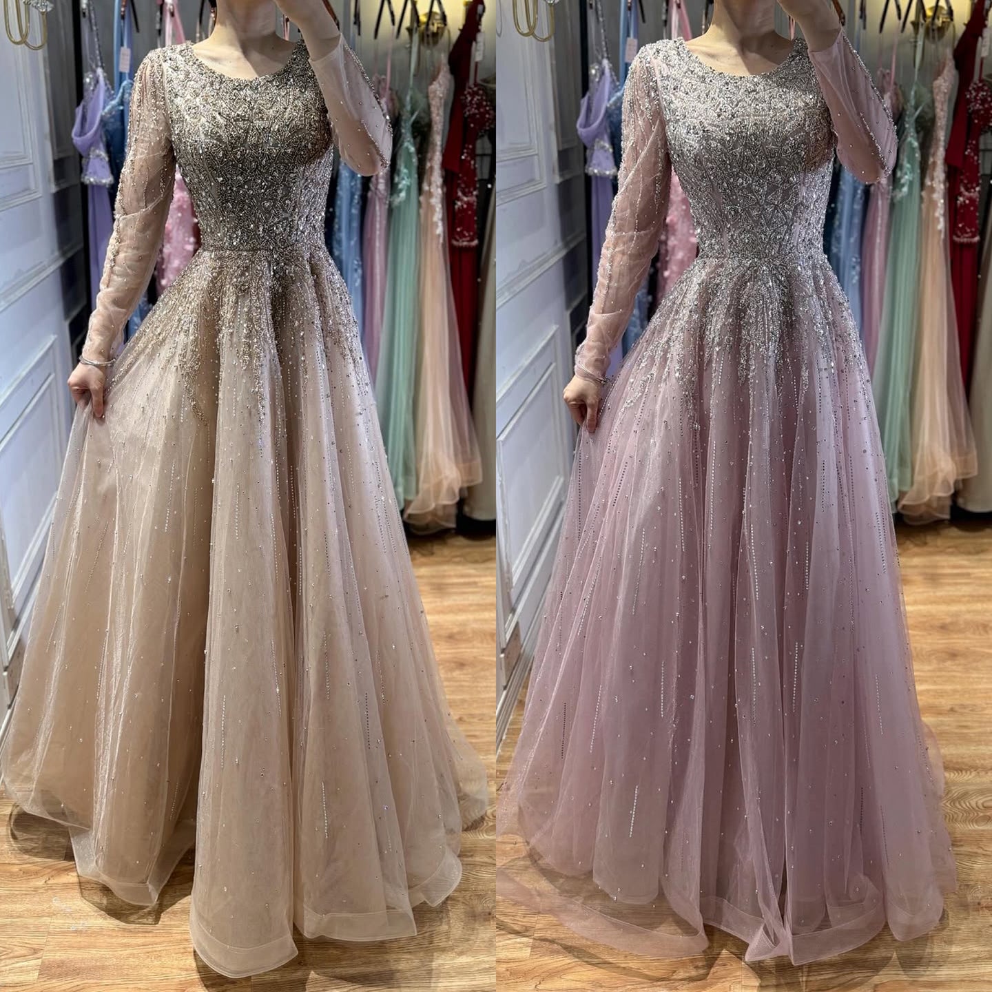 Luxury Nude Long Sleeve Illusion Beaded A-Line Evening Dress CLA73269A