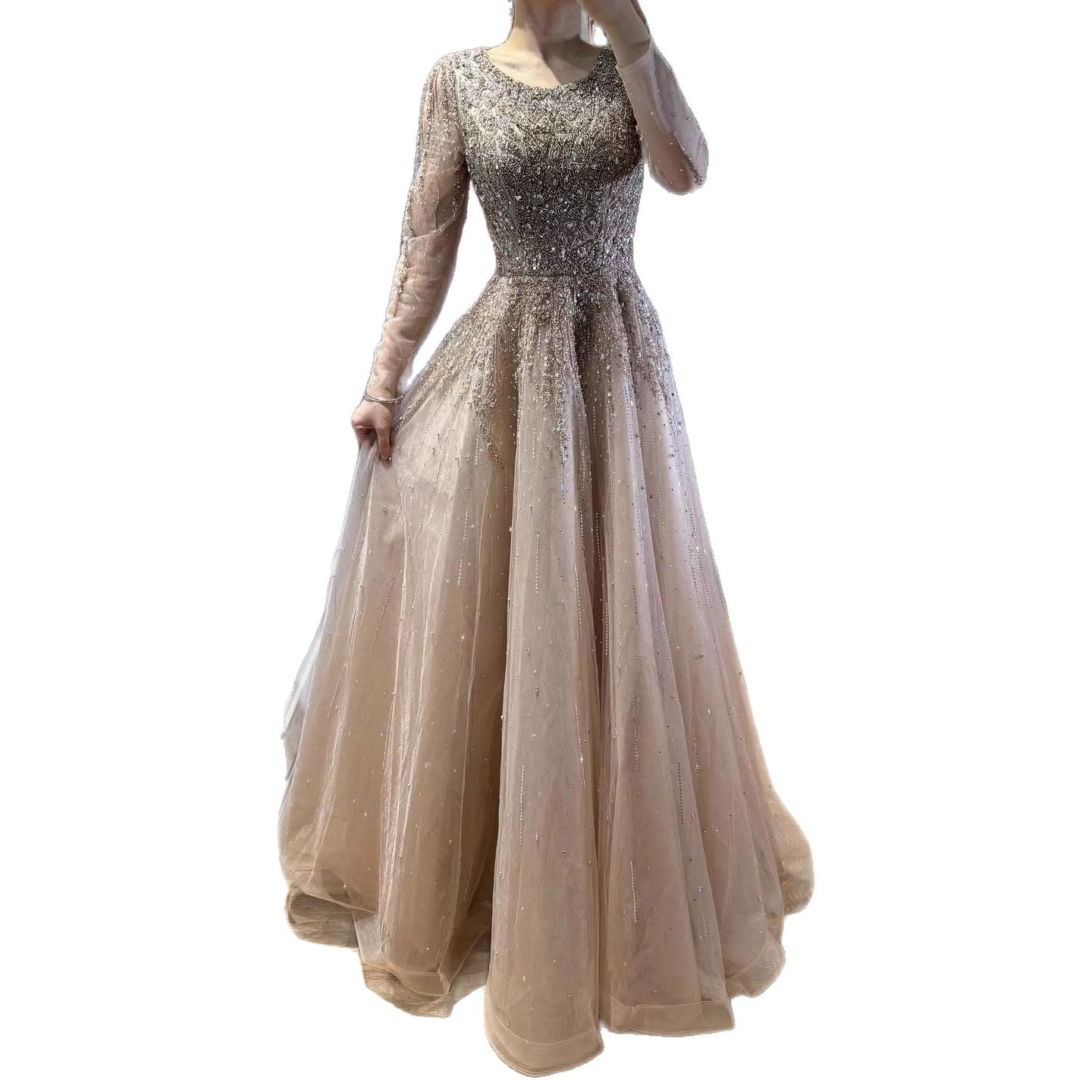 Luxury Nude Long Sleeve Illusion Beaded A-Line Evening Dress CLA73269A