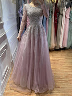 Luxury Nude Long Sleeve Illusion Beaded A-Line Evening Dress CLA73269A
