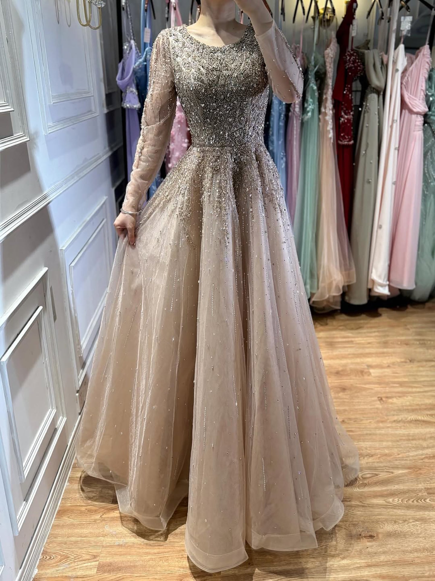 Luxury Nude Long Sleeve Illusion Beaded A-Line Evening Dress CLA73269A