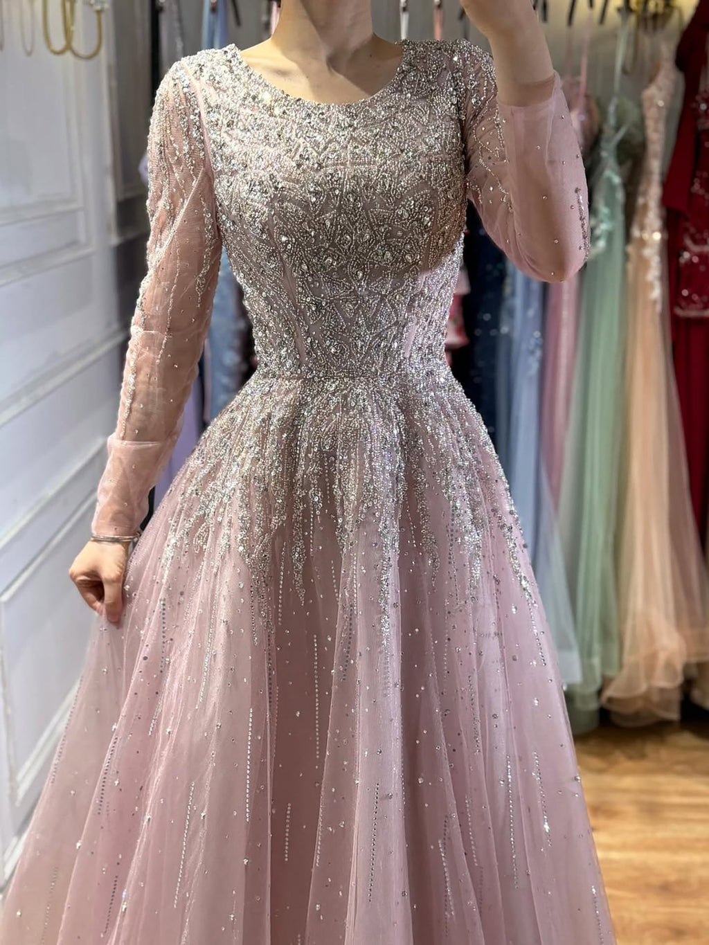Luxury Nude Long Sleeve Illusion Beaded A-Line Evening Dress CLA73269A