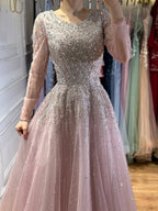 Luxury Nude Long Sleeve Illusion Beaded A-Line Evening Dress CLA73269A