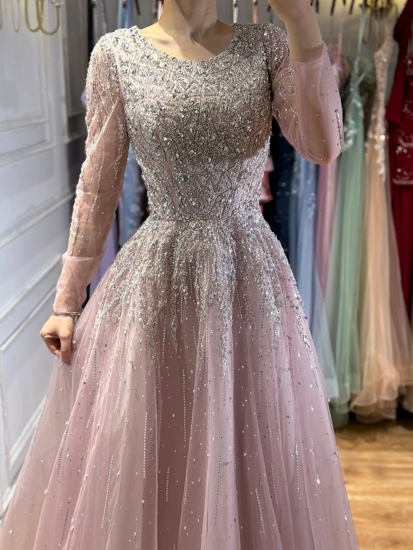 Luxury Nude Long Sleeve Illusion Beaded A-Line Evening Dress CLA73269A