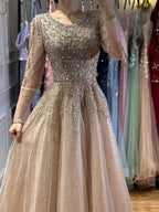 Luxury Nude Long Sleeve Illusion Beaded A-Line Evening Dress CLA73269A