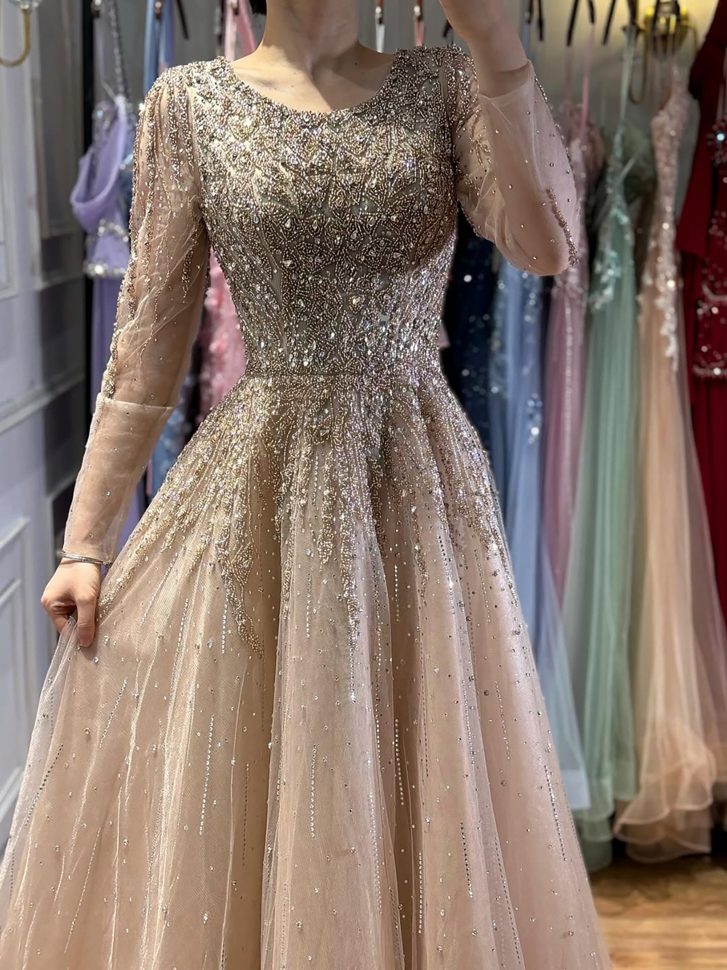 Luxury Nude Long Sleeve Illusion Beaded A-Line Evening Dress CLA73269A