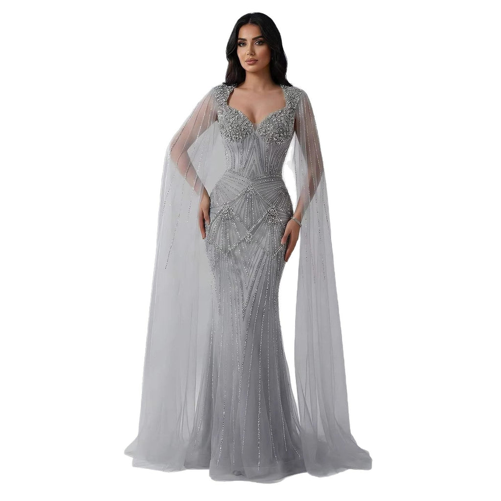 Luxury Dubai Pink Beaded Evening Dress With Cape CLA73329