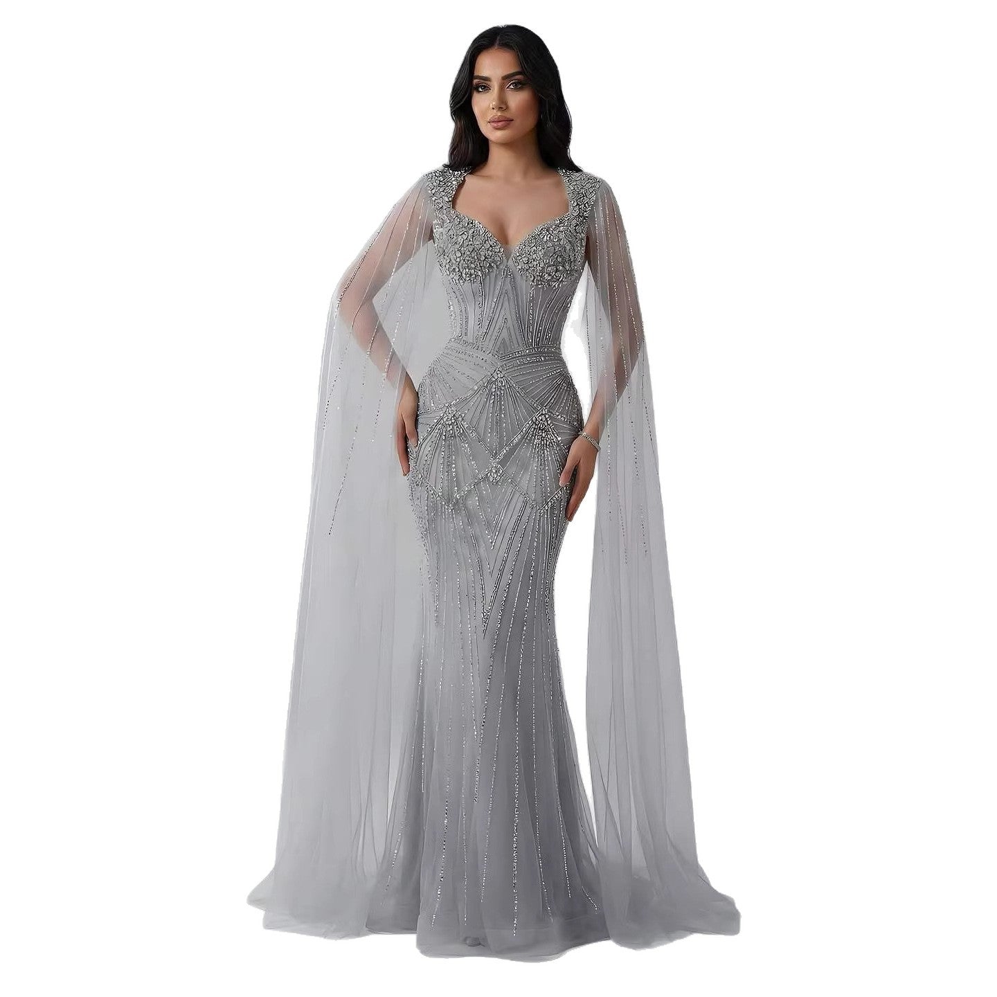 Luxury Dubai Pink Beaded Evening Dress With Cape CLA73329