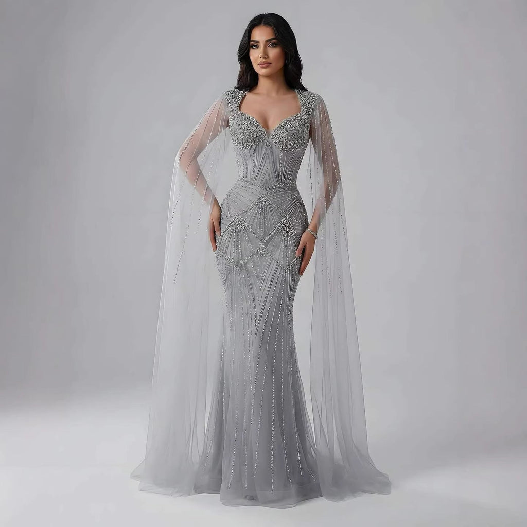 Luxury Dubai Pink Beaded Evening Dress With Cape CLA73329