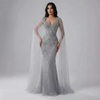 Luxury Dubai Pink Beaded Evening Dress With Cape CLA73329