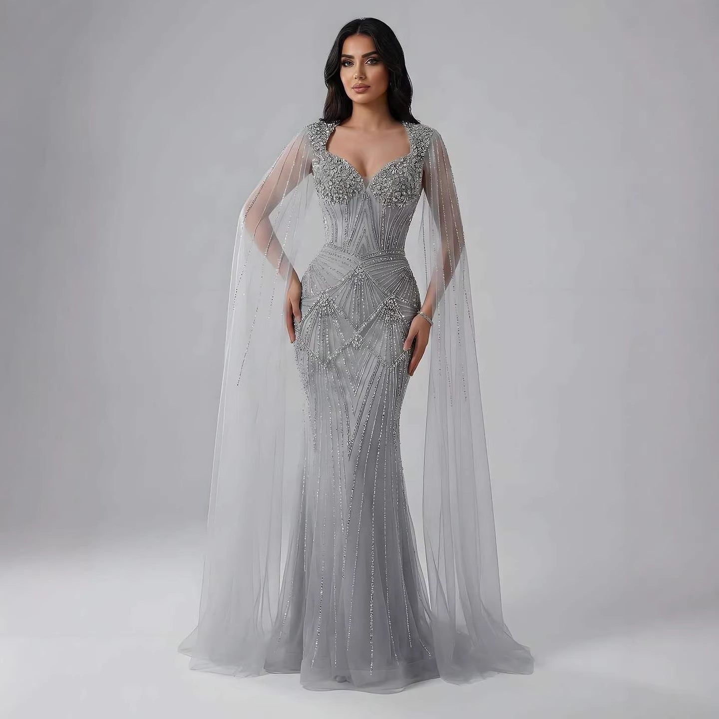 Luxury Dubai Pink Beaded Evening Dress With Cape CLA73329