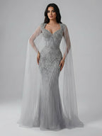 Luxury Dubai Pink Beaded Evening Dress With Cape CLA73329