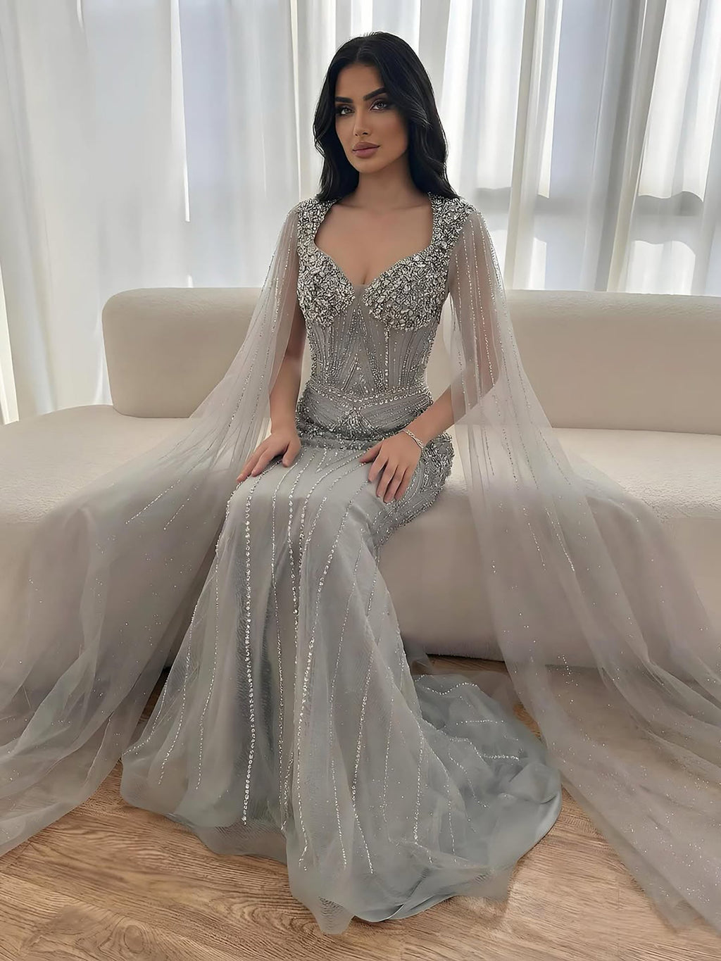 Luxury Dubai Pink Beaded Evening Dress With Cape CLA73329