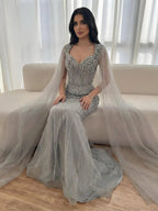 Luxury Dubai Pink Beaded Evening Dress With Cape CLA73329