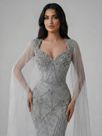 Luxury Dubai Pink Beaded Evening Dress With Cape CLA73329
