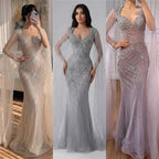 Luxury Dubai Pink Beaded Evening Dress With Cape CLA73329