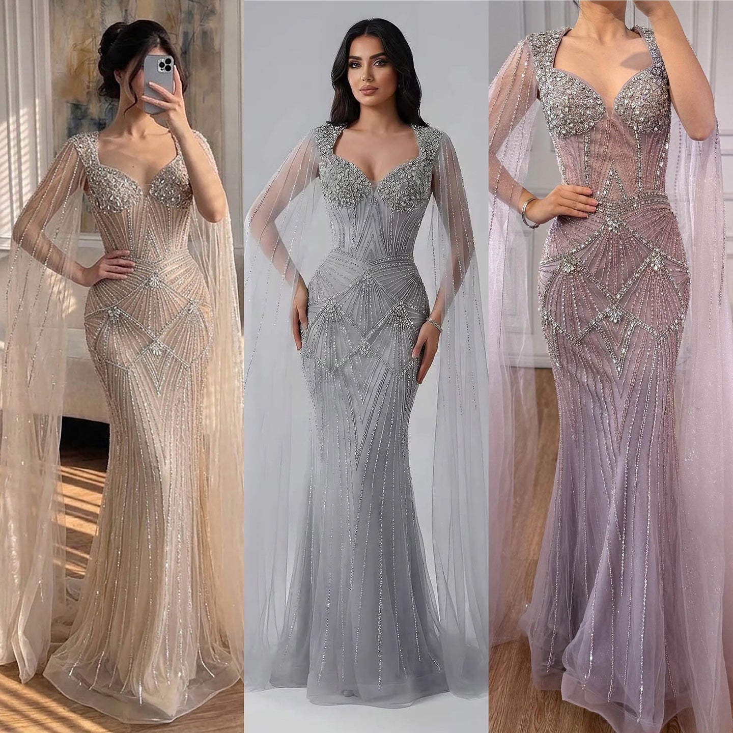 Luxury Dubai Pink Beaded Evening Dress With Cape CLA73329