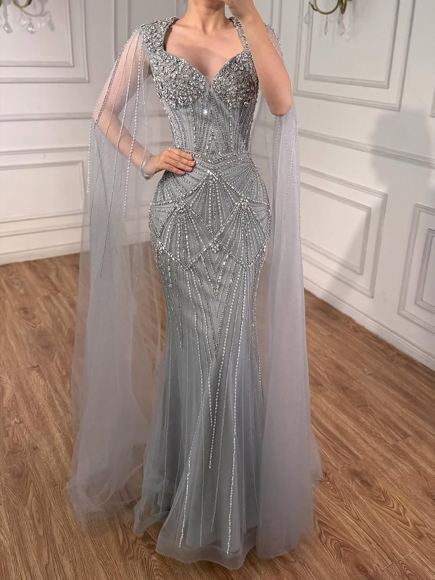 Luxury Dubai Pink Beaded Evening Dress With Cape CLA73329