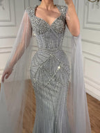 Luxury Dubai Pink Beaded Evening Dress With Cape CLA73329