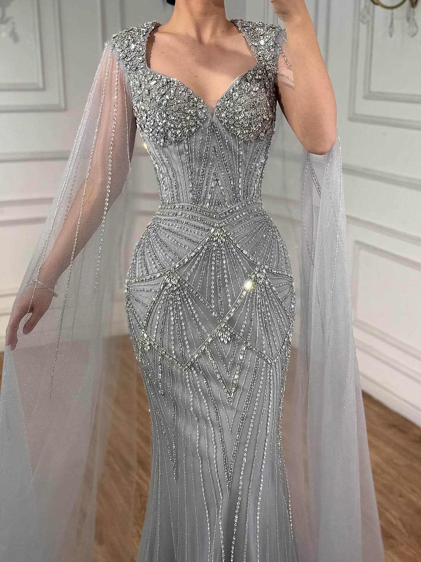 Luxury Dubai Pink Beaded Evening Dress With Cape CLA73329