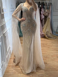 Luxury Dubai Pink Beaded Evening Dress With Cape CLA73329