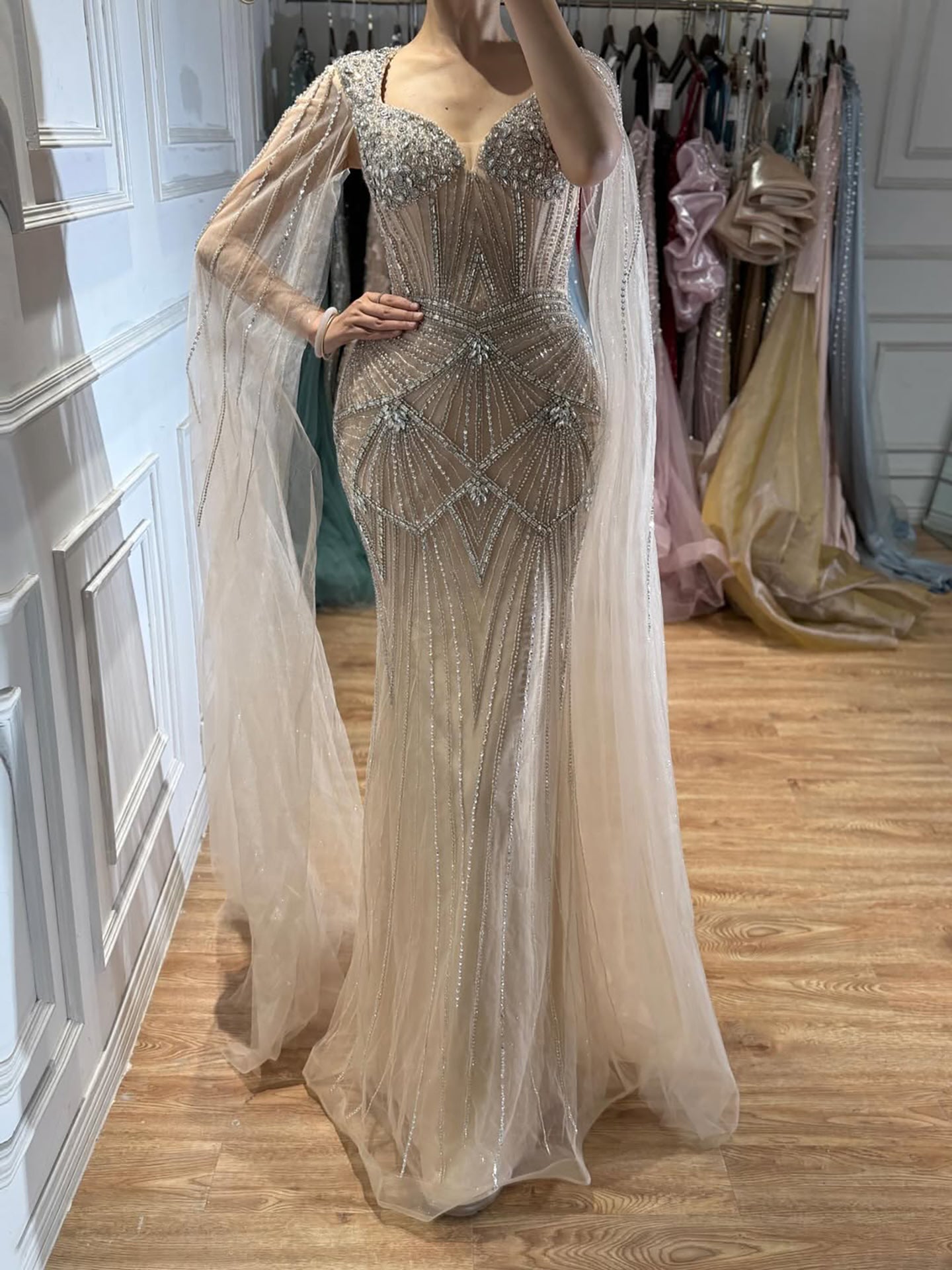 Luxury Dubai Pink Beaded Evening Dress With Cape CLA73329