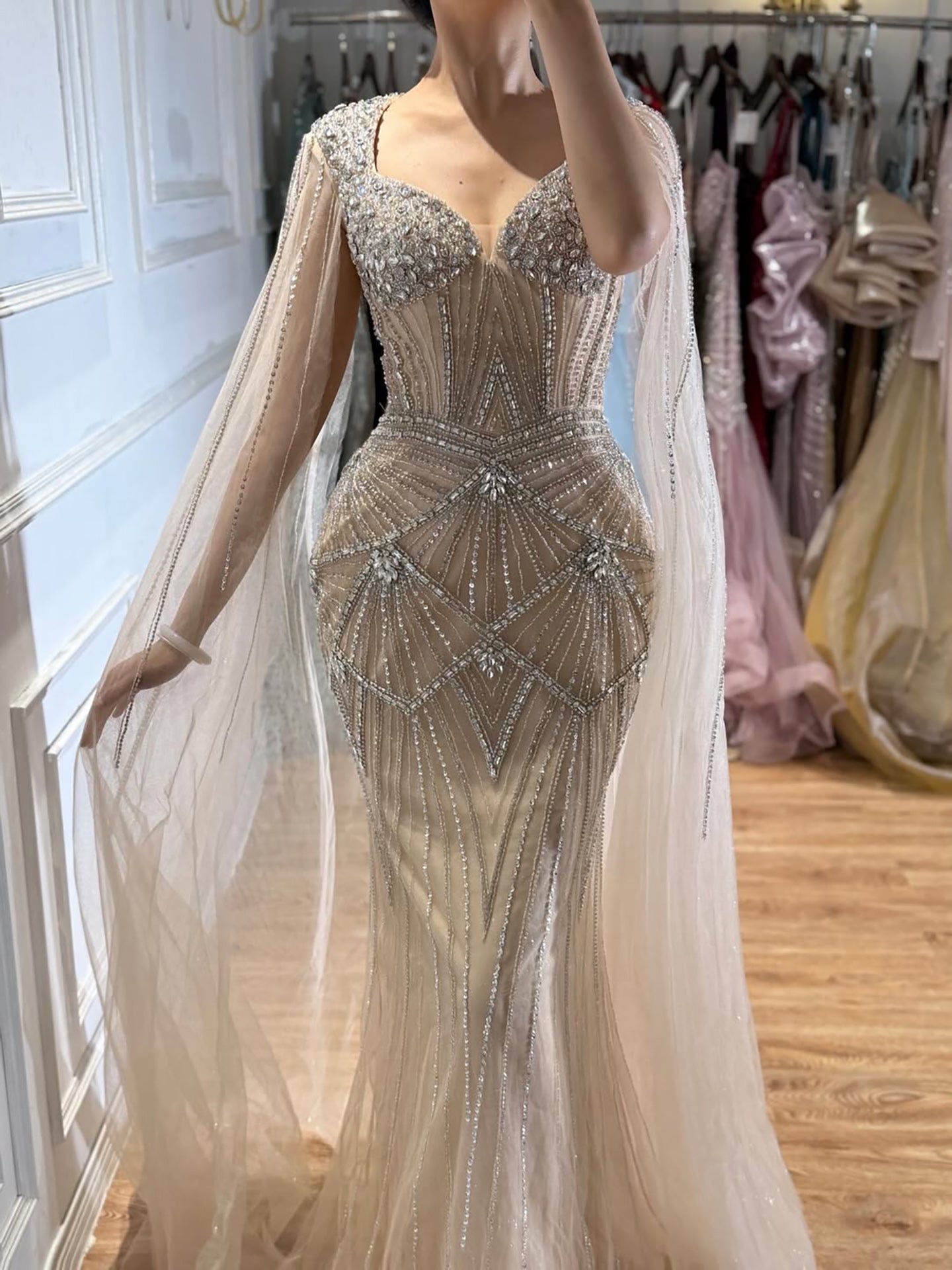 Luxury Dubai Pink Beaded Evening Dress With Cape CLA73329