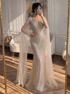 Luxury Dubai Pink Beaded Evening Dress With Cape CLA73329
